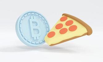 conceito de renderização 3D da moeda bitcoin pizza day b e uma fatia de pizza no estilo cartoon 3d render ilustração mínima foto
