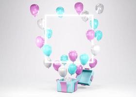 Balão azul rosa de renderização 3D flutuando da caixa de presente com espaço para texto no conceito de fundo de revelação de gênero, casamento, aniversário, modelo de cartão de convite de festa. foto