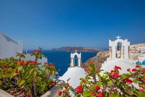 panorama de férias de verão, destino famoso de luxo na europa. arquitetura branca em santorini, grécia. cenário de viagem perfeito com flores cor de rosa e navio de cruzeiro na luz do sol e céu azul. vista incrível foto