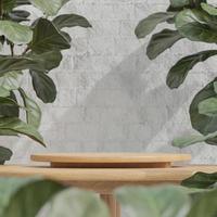 pódio de mesa de madeira para apresentação do produto com planta no estilo minimalista de fundo de parede de tijolo branco., modelo 3d e ilustração. foto