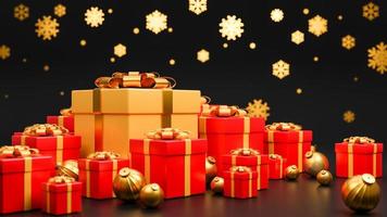 feliz natal e feliz ano novo banner estilo de luxo., caixa de presentes vermelha e dourada realista com bolas de natal douradas., modelo 3d e ilustração. foto