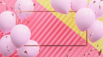 balões cor de rosa flutuando em fundo pastel rosa e amarelo. festa de aniversário e conceito de ano novo. ,modelo 3d e ilustração. foto