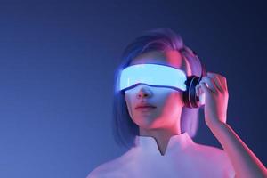 personagem feminina 3D com óculos futuristas vr e fone de ouvido foto