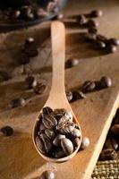 grãos de café em uma colher de pau foto
