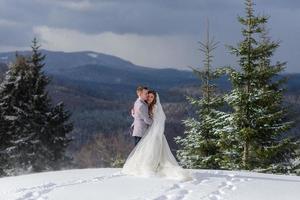 o noivo leva sua noiva pela mão para uma velha faia solitária. casamento de inverno. lugar para um logotipo. foto