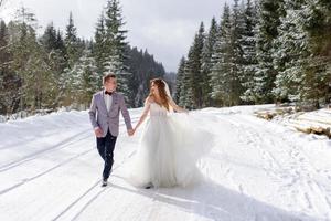 o noivo leva sua noiva pela mão para uma velha faia solitária. casamento de inverno. lugar para um logotipo. foto