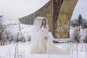 o noivo leva sua noiva pela mão para uma velha faia solitária. casamento de inverno. lugar para um logotipo. foto