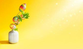 um buquê de galhos verdes com folhas frescas florescendo em um vaso é decorado com ovos de páscoa coloridos do arco-íris. decoração no interior da casa para a páscoa. copie o espaço. fundo amarelo de páscoa foto