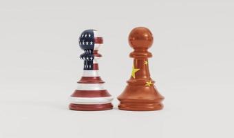 isolar a tela de impressão da bandeira dos eua e da bandeira da china no xadrez de peão em fundo branco para competição de guerra comercial de negócios e militares entre os dois países. renderização 3D foto