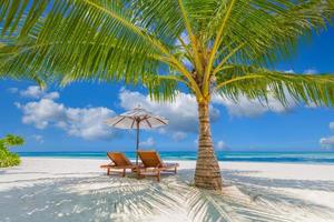 belas paisagens de uma ilha tropical, duas espreguiçadeiras, espreguiçadeiras, guarda-chuva sob uma palmeira. areia branca, vista mar com horizonte, céu azul idílico, sossego e relaxamento. hotel resort de praia inspirador foto
