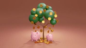 Conceito de renderização 3D de investimento e economia. árvore com moedas caindo e cofrinhos rosa no fundo. renderização 3D. foto