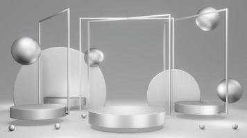 Conceito de renderização 3D do tema de prata metálica de elementos de geometria de composição de pódios de exibição de produto em branco para design de modelo comercial. renderização 3D.