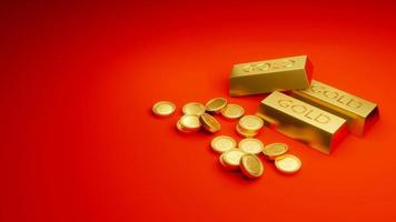 Conceito de renderização 3D de tesouro, riqueza, rico. ouro, moedas de ouro, sobre fundo vermelho com espaço para texto para design comercial. renderização 3D. foto