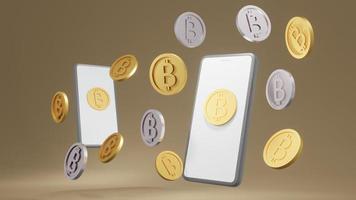 Conceito de renderização 3D de moedas de ouro com b nas moedas que se referem ao bitcoin de criptomoeda e um telefone inteligente para design comercial. renderização 3D. foto