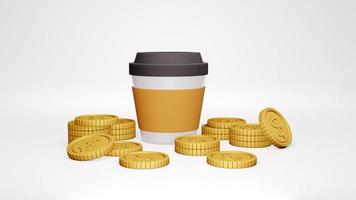 conceito de renderização 3D de financeiro. uma xícara de café e muitas moedas de ouro no fundo. renderização 3D foto