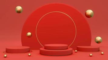 Conceito de renderização 3D do pódio de ouro vermelho. exibição de estande de produto de pódio vermelho brilhante e fundo com elementos dourados compostos para design comercial. renderização 3D. ilustração 3D. foto