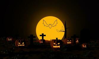 abóboras de halloween com um cemitério e morcego voador na noite assustadora de luar. renderização em 3D