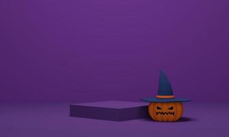 renderização 3D. abóbora de halloween com um chapéu de bruxa com pódio em fundo roxo. cena mínima abstrata para fundo de halloween foto