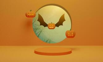 abóbora halloween, jack o lanterna em fundo laranja. exibição de produto de vitrine de pódio abstrata. renderização 3D foto