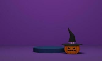 renderização 3D. abóbora de halloween com um chapéu de bruxa com pódio em fundo roxo. cena mínima abstrata para fundo de halloween foto