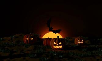 abóboras de halloween e morcegos voadores ao luar na noite assustadora. festa jack o lanterna. renderização em 3D foto