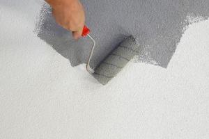 pintando paredes com um rolo na mão esquerda. foto