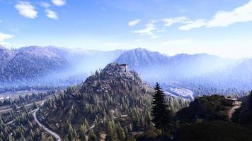 paisagem natural, montanhas, florestas, tiro aéreo, renderização 3d realista foto