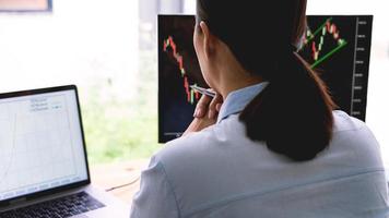 corretor do mercado de ações em roupas formais analisando gráficos em telas no escritório, conceito de investimento.