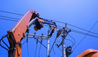 vista de ângulo baixo de dois eletricistas com caminhão guindaste estão trabalhando para instalar transmissão elétrica em postes de energia elétrica contra o fundo azul do céu claro foto