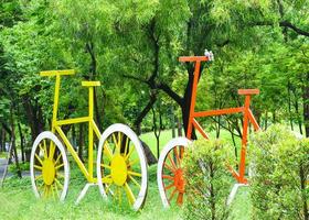 bicicleta de madeira decorada no jardim chatuchak natural foto