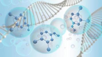 célula de molécula de renderização 3d em bolha líquida com cromossomo em fundo azul conceito de ciência para cosméticos ou saúde, médicos foto