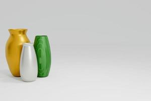 3D renderização de design diferente de vaso isolado no fundo branco. vaso metálico dourado, vaso branco e vaso verde texturizado no espaço em branco para espaço de cópia foto