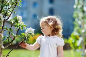 criança nas árvores em flor foto