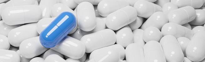 close-up da cápsula de pílula azul em muitas cápsulas de pílulas brancas. conceito de medicina e especialidades farmacêuticas., modelo 3d e ilustração.
