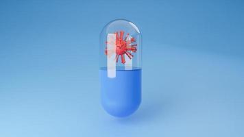 coronavírus vermelho ou covid-19 em cápsula de pílula em fundo azul., inibição de surtos de doenças e tecnologia médica., modelo 3d e ilustração. foto