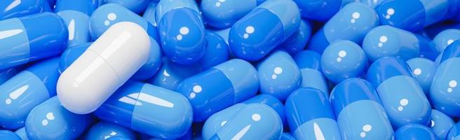 close-up da cápsula de pílula branca em muitas cápsulas de pílulas azuis. conceito de medicina e especialidades farmacêuticas., modelo 3d e ilustração. foto