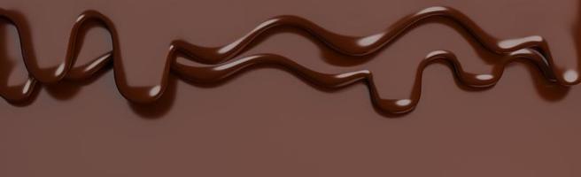 fluxo de chocolate marrom de leite derretido no fundo do banner marrom com espaço de cópia., modelo 3d e ilustração. foto