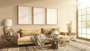 design de interiores scandi-boho com móveis de madeira. maquete de quadro de cartaz no fundo roxo da sala de estar. 3D render ilustração estilo nórdico. foto
