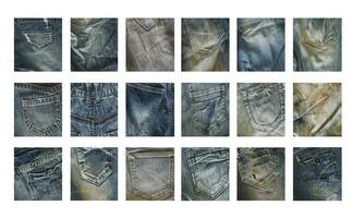 diferentes amostras de tecido jeans isoladas no fundo branco. coleção de close-up de texturas de jeans. foto