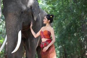 elefante com linda garota na zona rural asiática, tailândia - elefante tailandês e linda mulher com vestido tradicional na região de surin foto