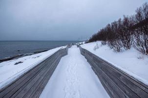 passarela coberta de neve à beira-mar em dia sombrio foto