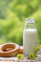 garrafa de leite e bagels no verão foto