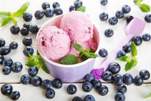sorvete de mirtilo ou iogurte congelado e raminho de hortelã, foto