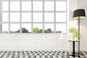 quarto vazio com janelas brancas e parede de azulejos brancos, abajur preto, mesa lateral e vaso de flores. renderização em 3D foto