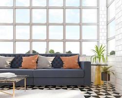 sala com painel de janela branca, sofá e plantas verdes, mesa de centro em mármore e mesa lateral. renderização em 3D foto