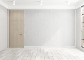 quarto vazio com parede cinza e piso de madeira. renderização em 3D