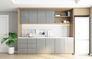 cozinha estilo minimalista com balcão embutido e armário cinza. renderização em 3D foto