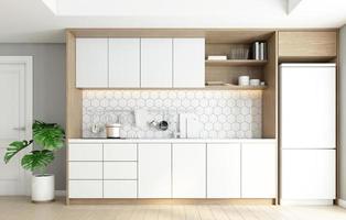 cozinha estilo minimalista com balcão embutido e armário branco. renderização em 3D