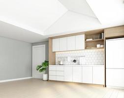 cozinha estilo minimalista com balcão embutido e armário branco. renderização em 3D