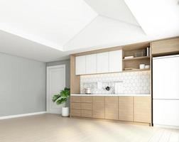 cozinha estilo minimalista com balcão embutido e armário de madeira. renderização em 3D foto